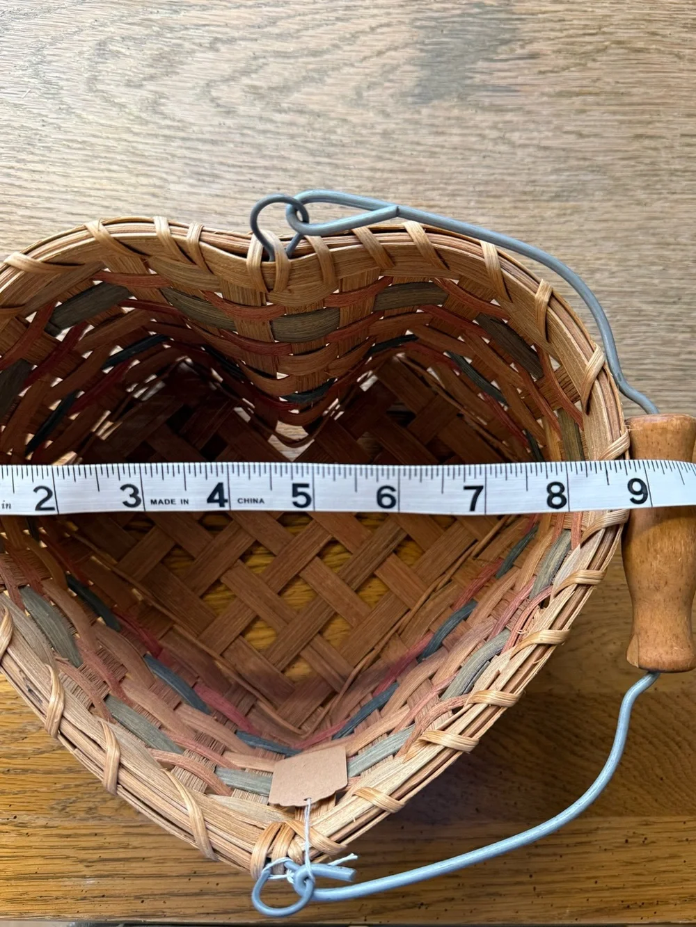 Vintage Heart Shaped Handwoven Basket w/ Wood Handle with painted stars